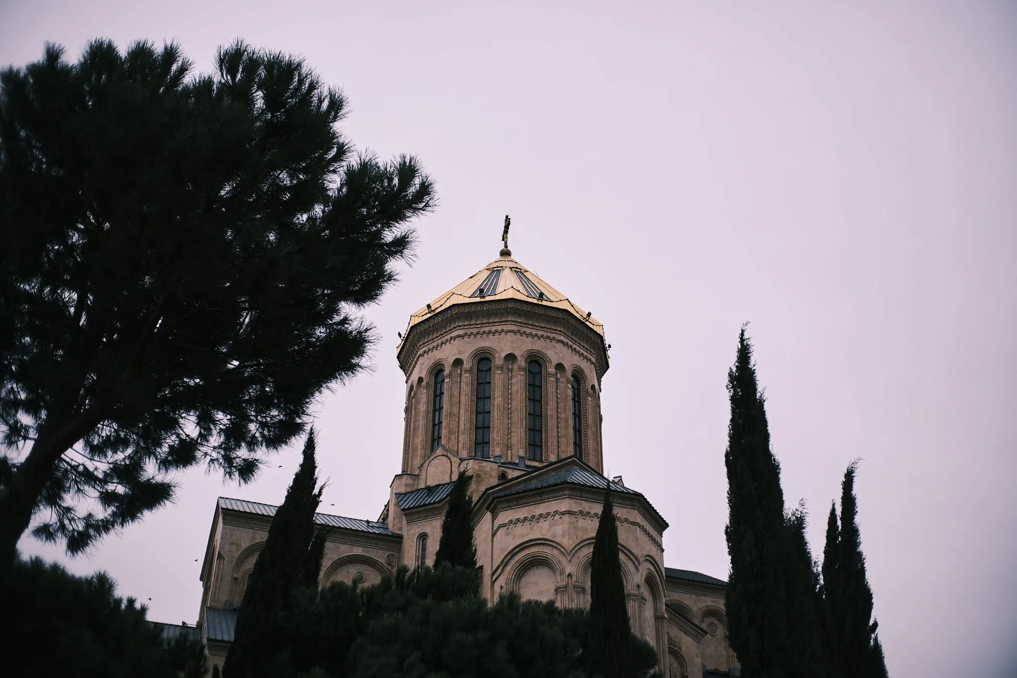 A cathedral dome rising above pines and cypresses under a flat pale sky
